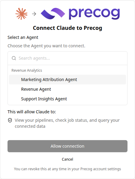 Precog consent screen showing the "Select an Agent" picker with a searchable list of agents grouped by workspace